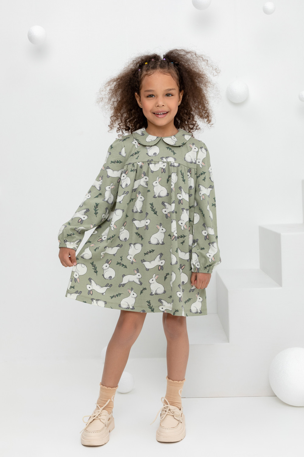 картинка Платье для девочки Crockid КР 5834 оливковый хаки, нежные зайчики к437 от магазина детских товаров ALiSa