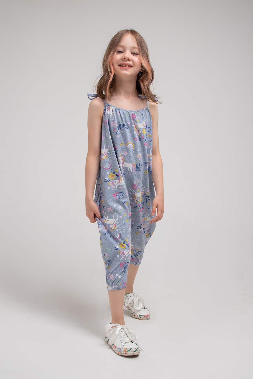 картинка Полукомбинезон для девочки Crockid КР 6310 серо-голубой меланж, единороги в цветах к321 от магазина детских товаров ALiSa