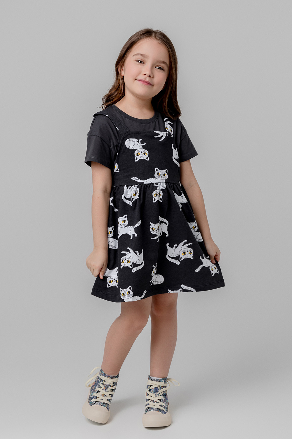 картинка Сарафан для девочки Crockid К 5790 темно-серый, забавные кошечки от магазина детских товаров ALiSa